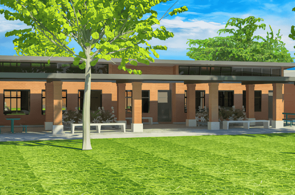 alt=’A proposed design for a secondary school featuring brick construction, large glass windows, and shaded outdoor seating areas amidst a grassy landscape’