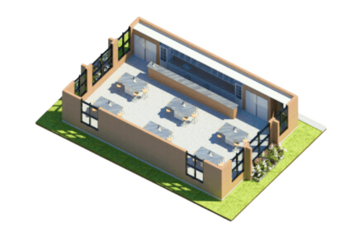 alt=’Interior view of a proposed classroom design, showcasing desks, a teaching area, and exterior landscaping'