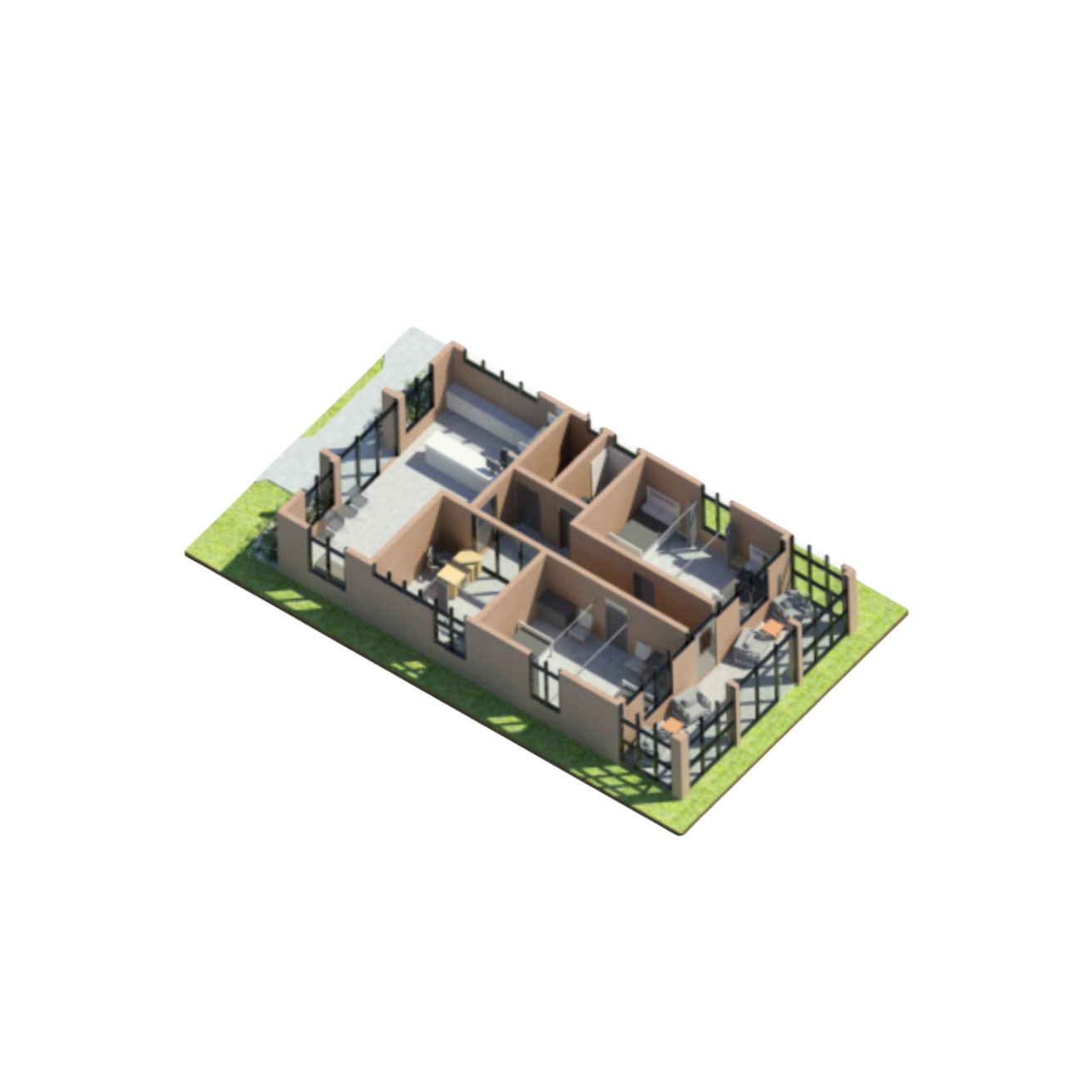 alt=’3D model of clinic with three rooms, bathrooms, and receiving area'