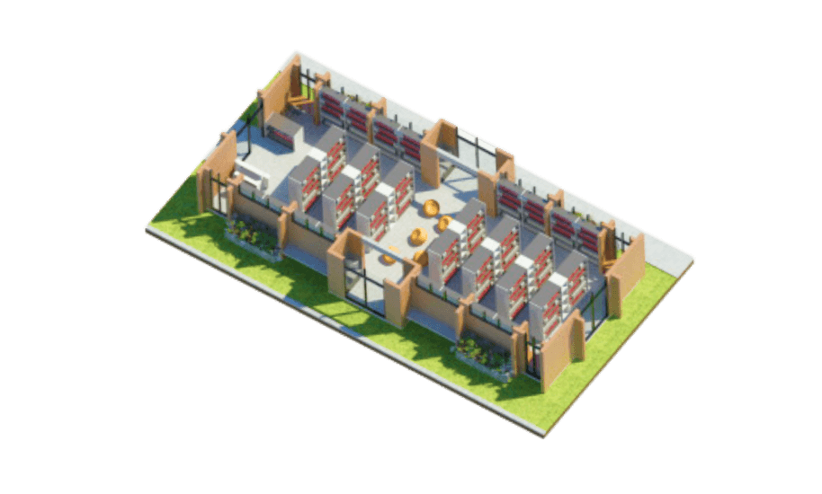 alt=’A 3D model of a library interior with rows of bookshelves, reading areas, and a garden outside'