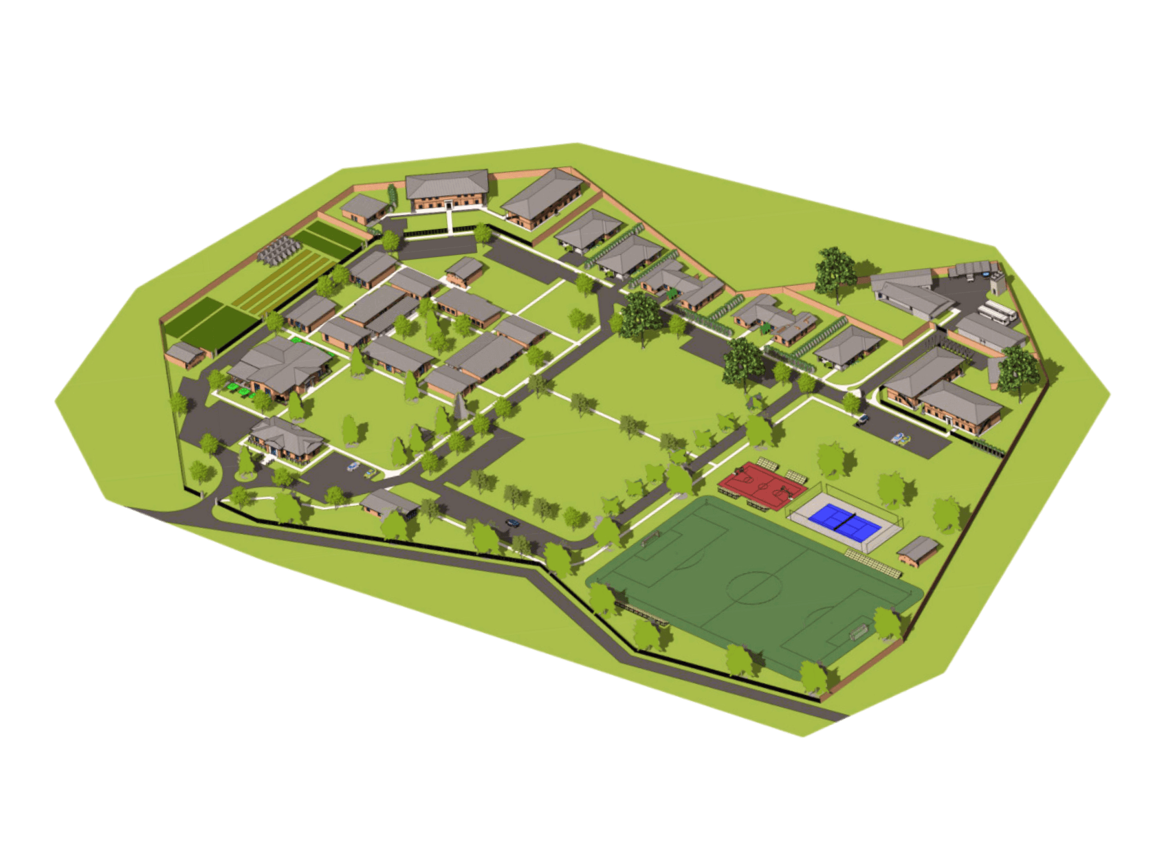 alt=’Detailed 3D model of a school campus, featuring various facilities including sports courts and landscaped gardens'