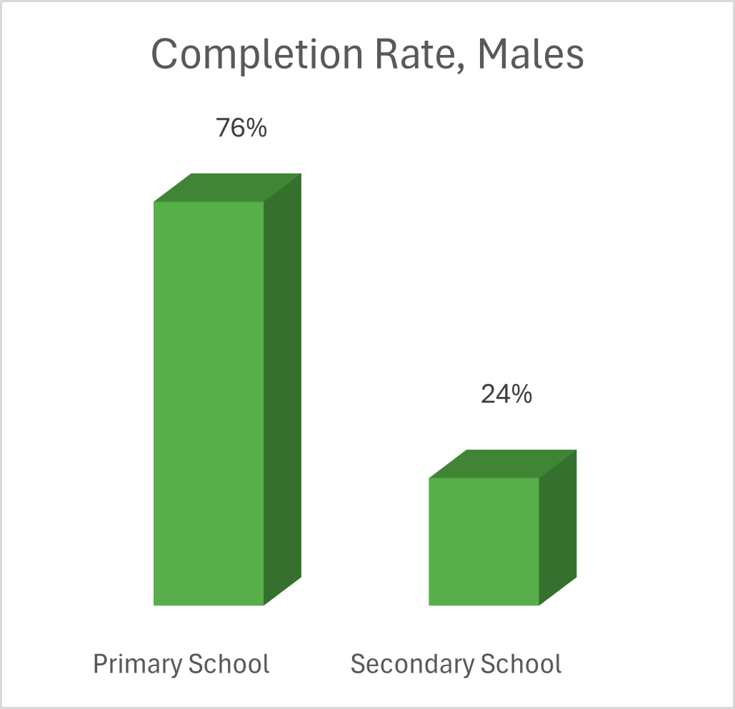 alt=’Chart illustrating male education completion rates in Malawi, with 76% for primary school and 24% for secondary school.’